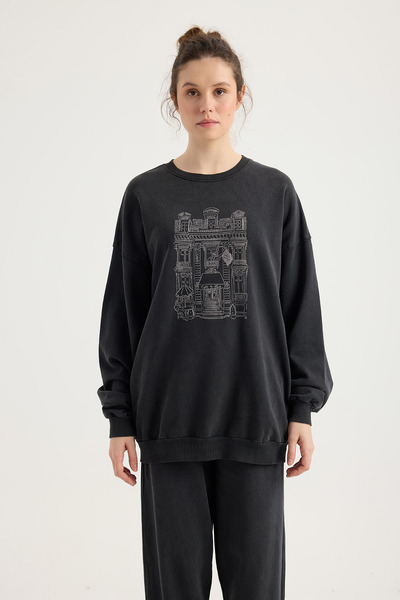 Sevilen Tekstil Hanorac cu imprimeu și detaliu de buzunar lateral, spălat cu perlit