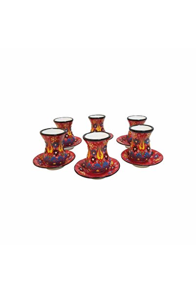 EHA Handmade ceramic tea set, 6 glasses, EHA, red with embossed flowers