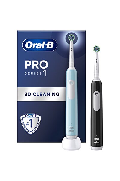 Oral-B Set de 2 periuțe de dinți electrice Pro 1, curățare 3D, 3 programe, 1 cap de periuță, negru/albastru