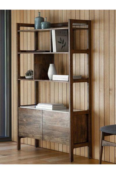 feruzadeco Doğal Ceviz Renkli Ahşap Kitaplık | El Yapımı Modern Raf Ünitesi | 2 Kapaklı Alt Dolaplı 170 cm