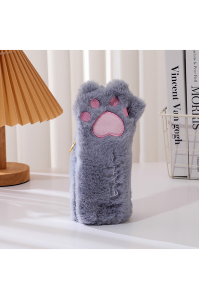 synshop Kawaii Grey Cat Dog Paw Plush Pen Holder Pencil Case Makeup Bag Organizer Luxury Gift
