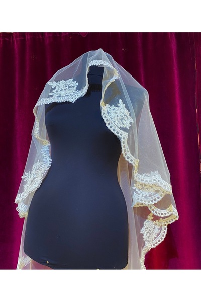 Tasarım Dantel Kenarlı Kırık Beyaz Nikah Düğün Gelin İçin Duvak (150cm)