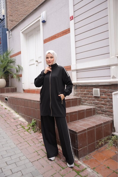 MİMİ Luxury Wear Women's Hijab Tracksuit Set with Zipper & Bottom Top Set