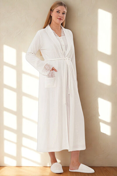 bigmama Kışlık Ekru Dantelii Tam Boy Uzun Sabahlık Gecelik Lohusa Hamile Takı...