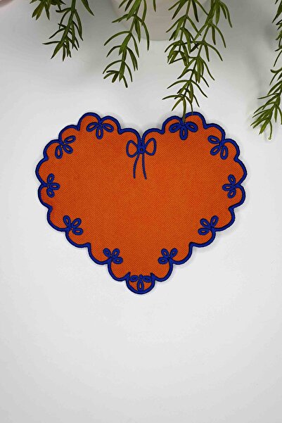 decofav Heart Shape Orange Fabric Cobalt Embroidered Fabric Cocktail Napkin 1 Piece