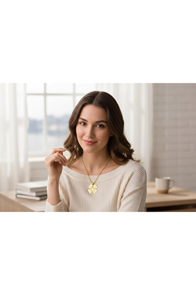 BuradaBuldun Gold Color Steel Four Leaf Clover Figured Chain Necklace - 60 cm