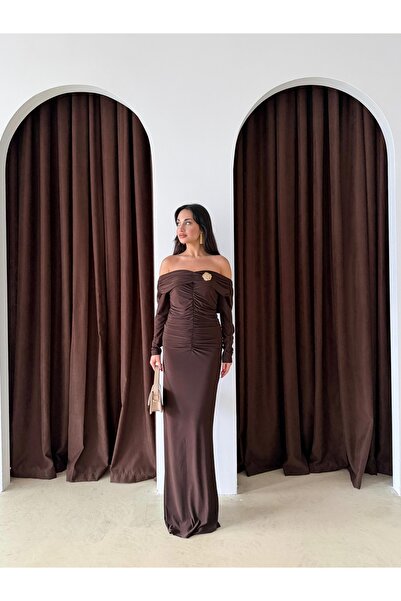 mafdress Women's Brown Accessory Detail Madonna Collar Long Evening Dress