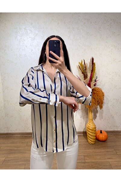 sunademirelfashion Navy Blue Striped Satin Shirt Ecru