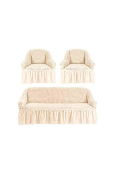 Sale4u Elastic Cover Set, 3-Seater Sofa + 2 Armchairs, Crepe-Textured, Cream