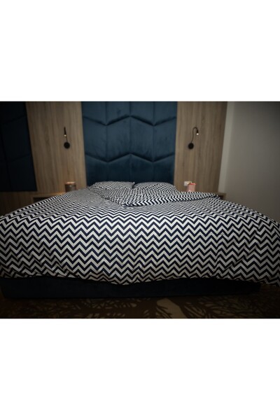 OEM White bed linen for 2 people with blue zigzag lines