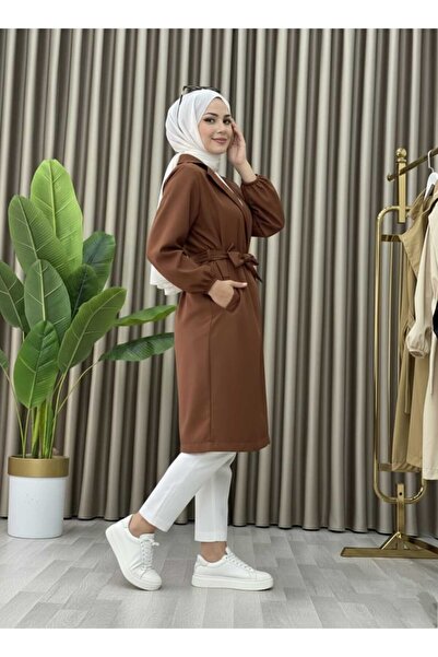 MİSMOLY Bondit Women's Trench Coat with Fabric Pockets and Belt