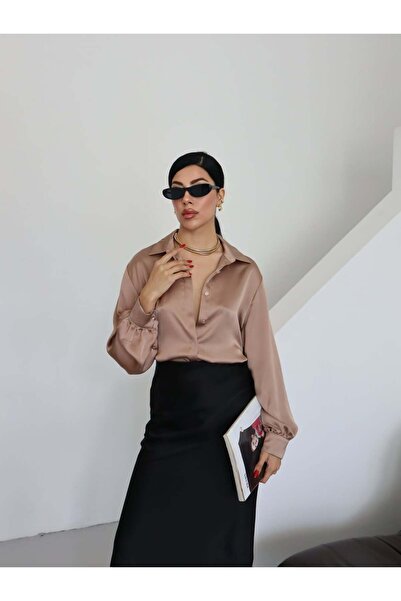 Milamia Kadın Düz Klasik Dokulu Saten Yakalı Gömlek