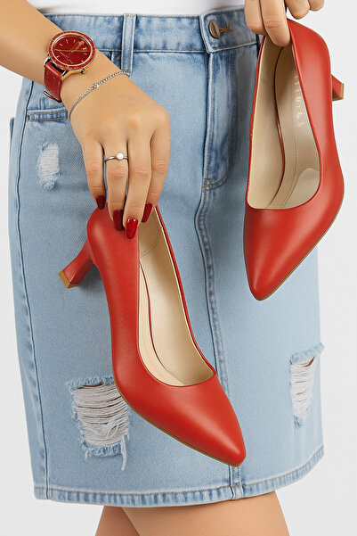 macella Li̇li̇th Red Stylish Mid-Heeled Pointed Toe Women's Shoes