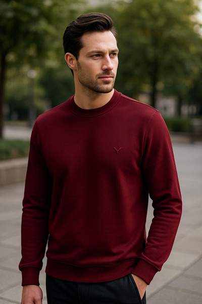 Maccali Men's Crew Neck Trend Long Sleeve Long Burgundy Sweater