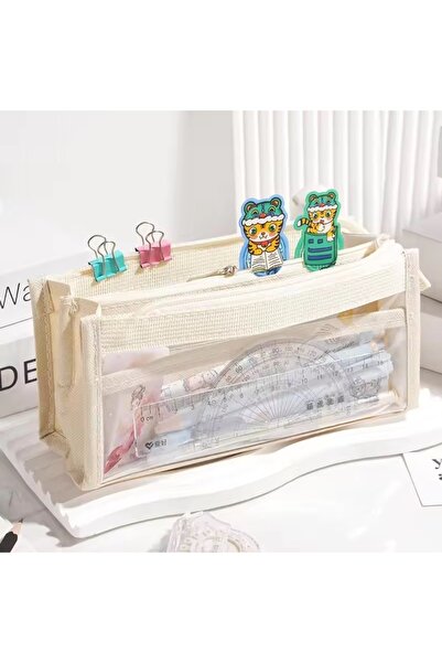 synshop Kawaii Transparent Travel Large Capacity Fabric Multi-Compartment Large Size Pen Holder Pencil Case Gift
