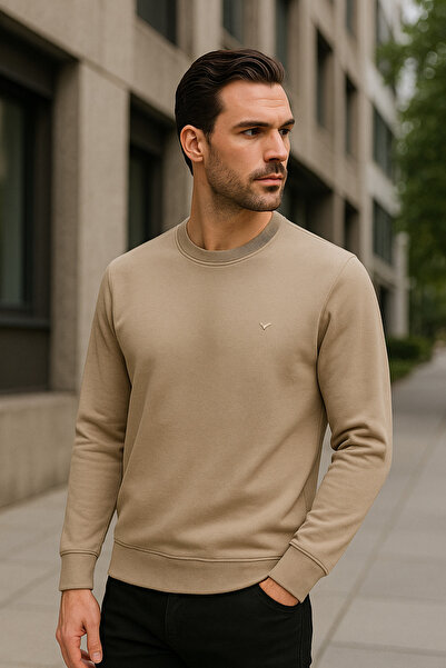 Maccali Men's Crew Neck Trend Long Sleeve Long Beige Sweater