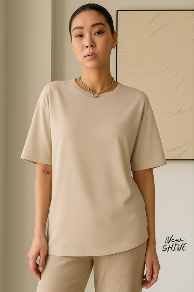 New Shine تي شيرت قصة فضفاضة للجنسين غير مطبوع