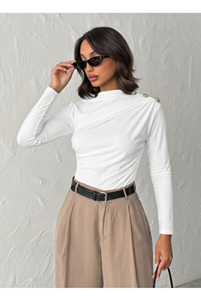 peralist Women's Ecru Boat Neck Buttoned Shoulder Gathered Long Sleeve Sandy Fabric Blouse