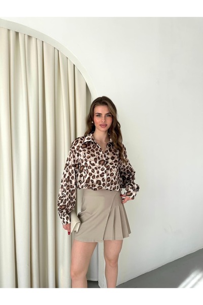 Milamia Kadın Dijital Baskı Desenli Saten Gömlek