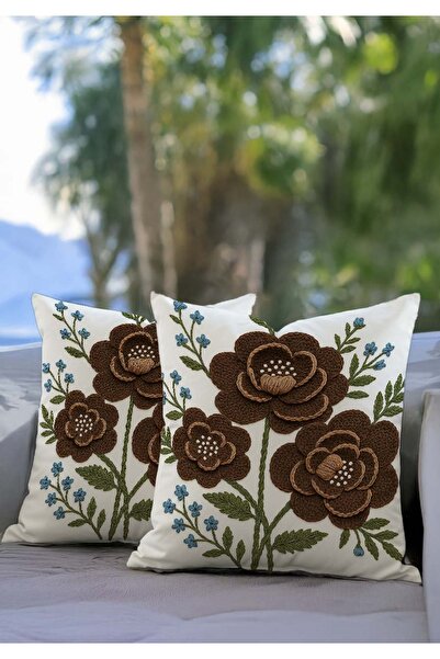 Sakallı Handcrafted Look Brown Floral Patterned 3D Digital B Printed Decorative Throw Pillow Cover Set of 2