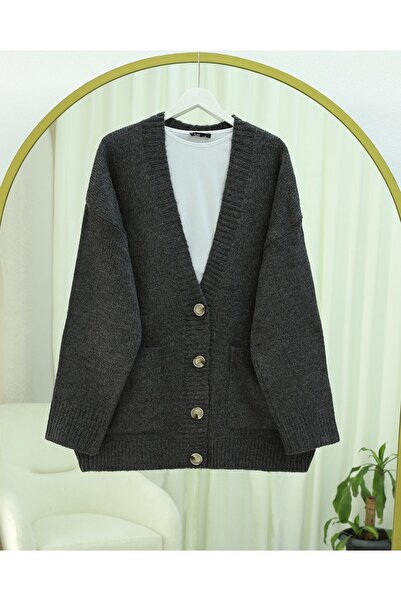 Modamorfo Buttoned Double Pocket Casual Knit Cardigan - Smoked