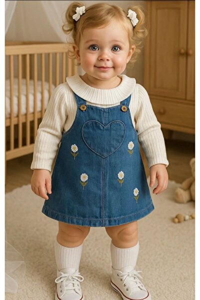 dolaş kids Girl's Flower Embroidered Baby Denim Salopet with Belt