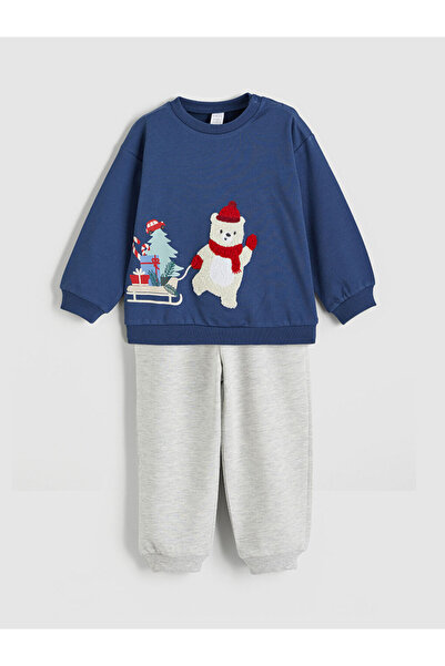 LC Waikiki Lcw Baby Blue New Year's Themed Baby Boy Sweatshirt and Sweatpants