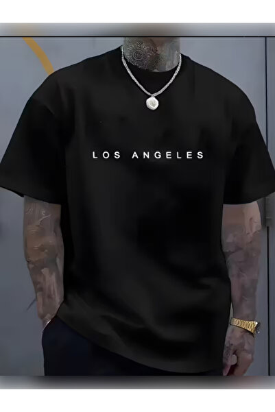 TİMİSİVA Μπλουζάκι Unisex oversized LOSANGELES1 με τύπωμα με κοντό μανίκι ΜΑΥΡΟ