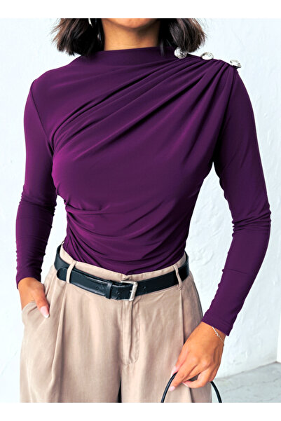peralist Women's Purple Boat Neck Shoulder Buttoned Gathered Long Sleeve Sandy Fabric Blouse