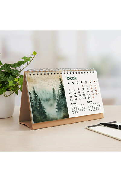 bi'aldım 2026 Orman Masa Takvimi | Üç Aylık Takvim - Önceki Ay Sonraki Ay | Doğa ve Ağaç İllüstrasyonları | M