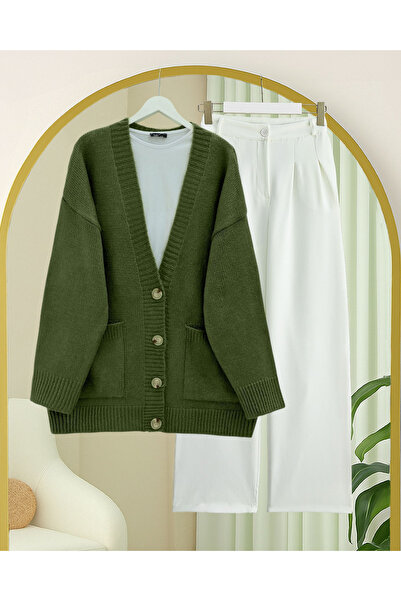 Modamorfo Buttoned Double Pocket Casual Knit Cardigan - Khaki