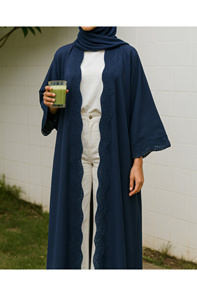 MayaCloset Premium Long Blue Nidah Cap Ferace Abaya with Elegant Lace Trim