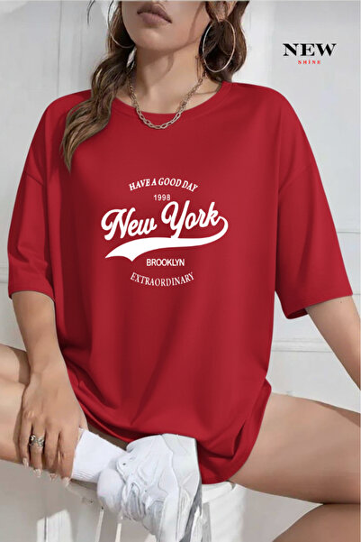 New Shine تي شيرت كبير الحجم مطبوع عليه نيويورك بروكلين