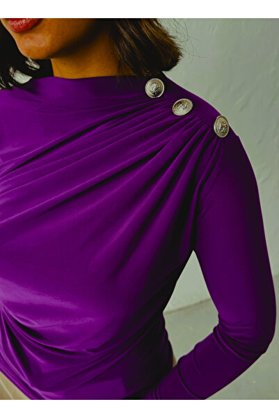 peralist Women's Purple Boat Neck Shoulder Buttoned Gathered Long Sleeve Sandy Fabric Blouse