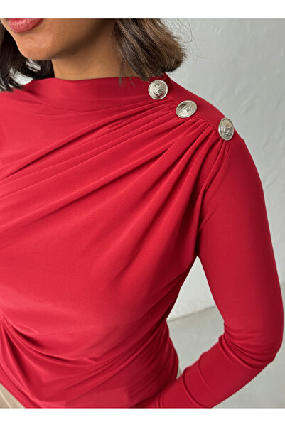 peralist Women's Red Boat Neck Shoulder Buttoned Gathered Long Sleeve Sandy Fabric Blouse