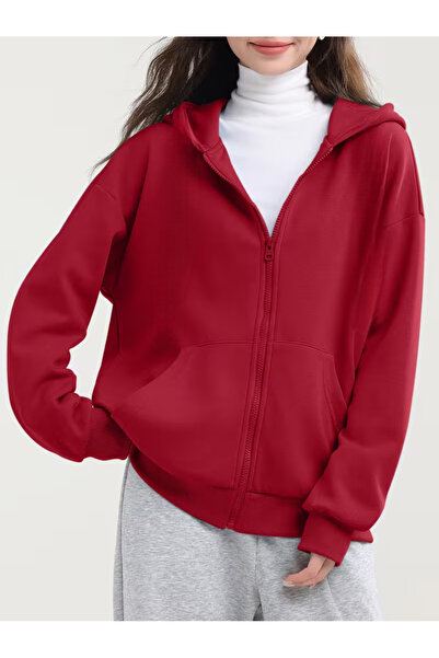 Karatopak Unisex Kanguru Cepli Oversize Kapüşonlu Fermuarlı Sweatshirt / Hırka