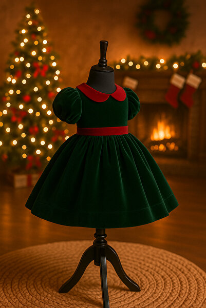 İkrabutikbursa Girls' Green Velvet Christmas Dress, New Year's Dress