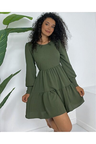 Modamorfo Round Neck and Elastic Waist Ayrobin Khaki Dress
