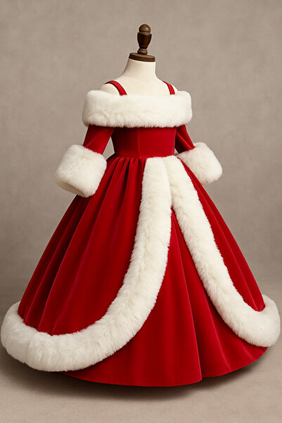 İkrabutikbursa Girl's Red Velvet New Year's Dress