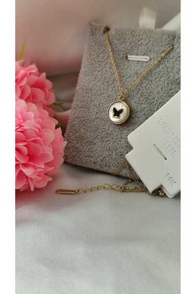 DİAVENTA TAKI VE AKSESUAR 316L Steel Necklace Stainless Pearlescent Butterfly Model Necklace 42+5cm
