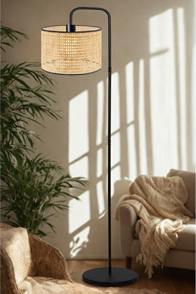 METEDEKOR Rattan Hasır Başlıklı Metal Gövdeli Modern Lambader – Salon & Köşe Aydınlatma