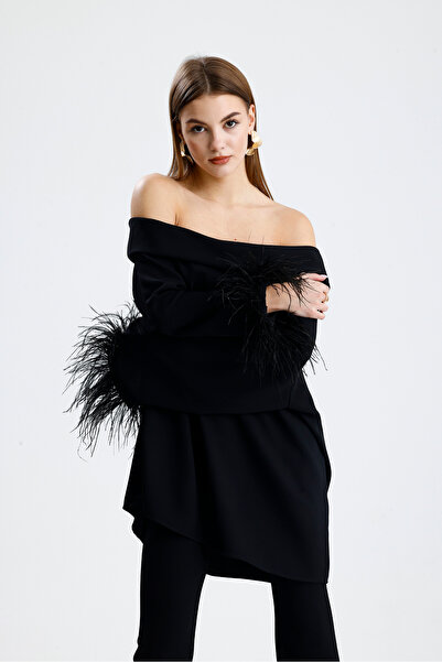 Sense Feather Detailed Off-The-Shoulder Black Blouse – Stylish and Modern Women's Top Wear |   Blz36447 Black