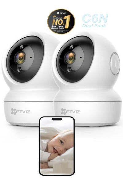 EZVIZ مجموعة من 2 كاميرا منزلية ذكية بدقة 2 ميجابكسل C6N مزودة بخاصية الكشف والتتبع الذكي وصوت ثنائي الاتجاه ورؤية ليلية