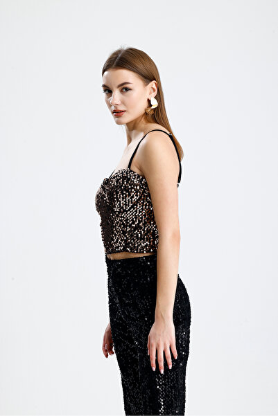 Sense Zippered Sequined Velvet Bustier | Bus34034 Black Copper