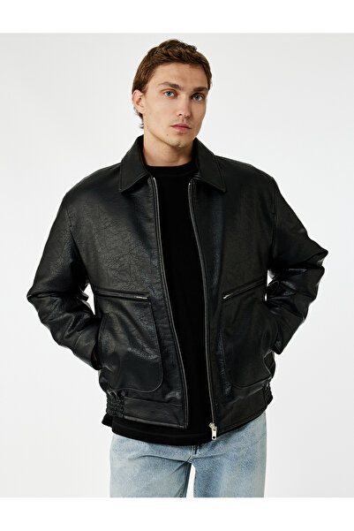 Koton Slim Fit Long Sleeve Zipper Shirt Collar Faux Leather Jacket