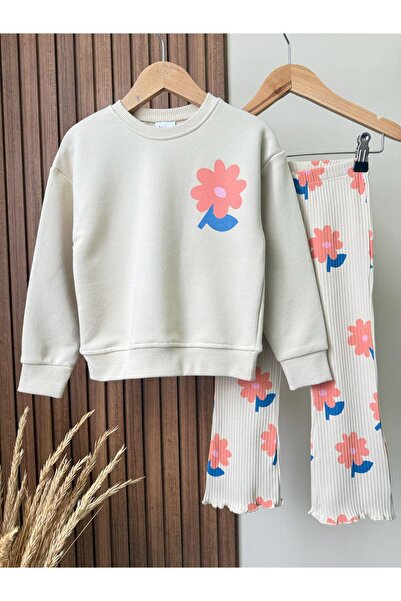 Magu Girl's Cotton Ecru Floral Printed Sweatshirt and Sweatpants Set