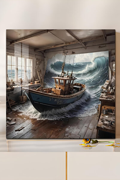 kutuTR 3D Görünümlü Temperli Cam Tablo – Tekne ve Dev Dalga Temalı UV Baskı 33x33 cm-CTK138