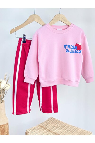Magu Girl's Cotton Pink Printed Sweatshirt & Red Sweatpants Set – Striped Detail
