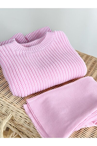 Magu Girl's Cotton Pink Knitwear Three-Piece Set – Striped Ruffle Detail