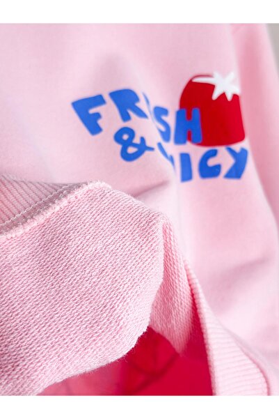 Magu Girl's Cotton Pink Printed Sweatshirt & Red Sweatpants Set – Striped Detail